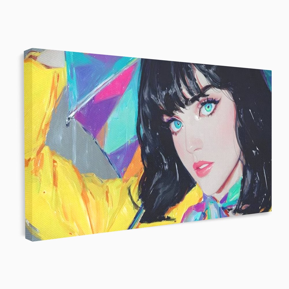 Tablou canvas cu pictura cu femeie bruneta si umbrela colorata, fara rama, pe sasiu de lemn